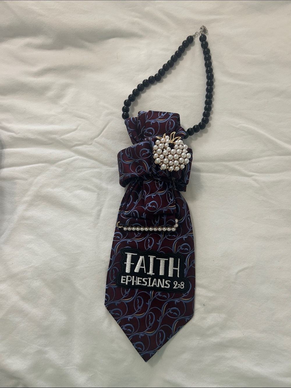 Faith Ephesians 2:8 Embroidered Tie Necklace with Pearl Brooch